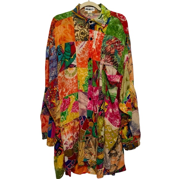 WE BE BOP Multicolor Patchwork Tunic Top Rayon Button Down Size 2X Art To Wear - Picture 1 of 15